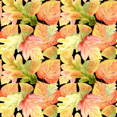 Parlak renkler orman yaprakları ile Suluboya Dikişsiz desen. Turuncu, yeşil, sarı ve kırmızı renklerde güzel sonbahar arka plan.