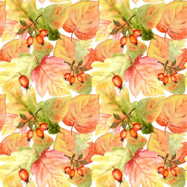 Parlak renkler orman yaprakları ve dalları ile Suluboya Dikişsiz desen. Turuncu, yeşil, sarı ve kırmızı renklerde güzel sonbahar arka plan.