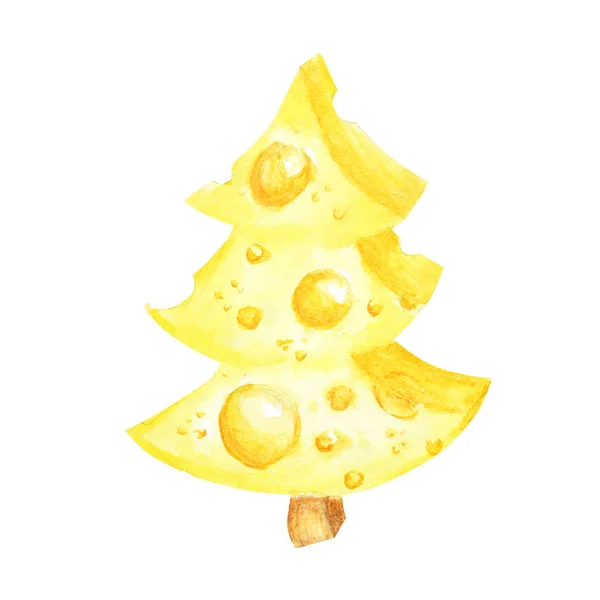 Disegno ad acquerello pezzo di formaggio giallo triangolare. Cibo preferito dai topi. Albero di Natale al formaggio. Illustrazione su sfondo bianco — Foto Stock