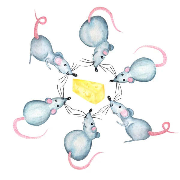 Watercolor cartoon hand drawing Rat with piece of cheese, symbol of the Chinese horoscope 2020 year. Isolated on a white background