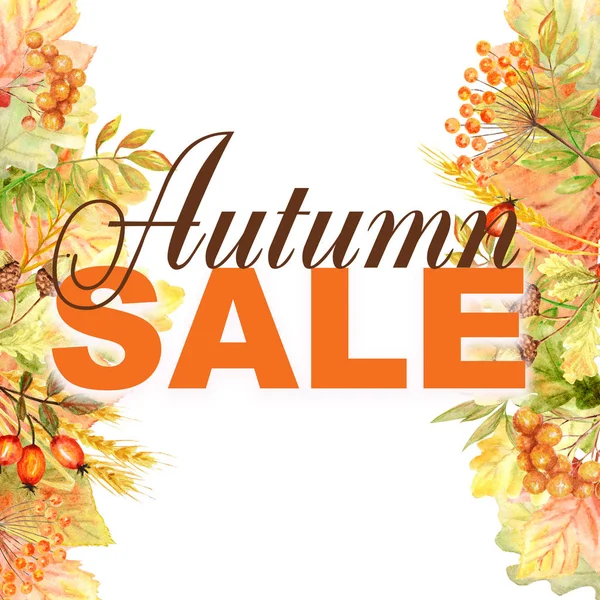 Autumn Sale text Frame isolated on a white background. Watercolor autumn leaf hand drawn illustration for posters design