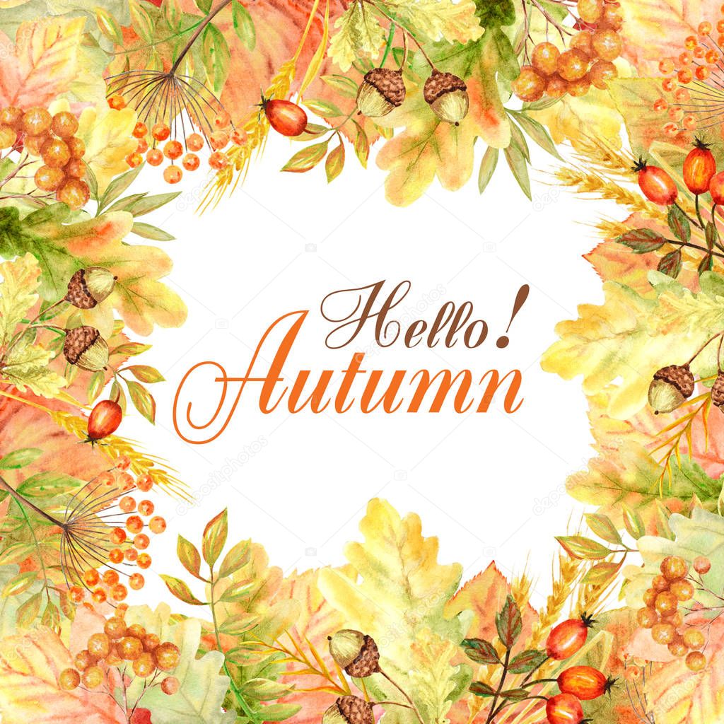 Hello Autumn leaf Frame isolated on a white background. Watercolor autumn leaf hand drawn illustration.