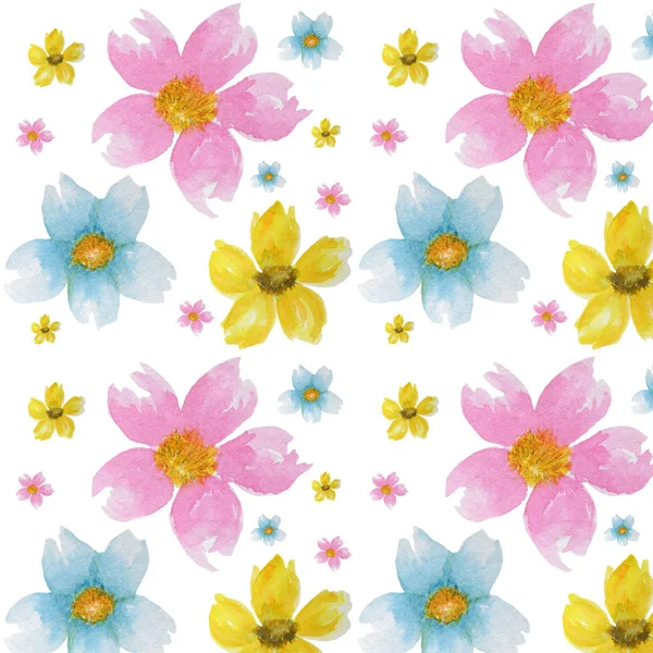 Primavera flores patrón de fondo. Verde, amarillo, azul claro colores fondo de pantalla textura — Foto de Stock