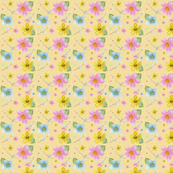 Flores de primavera, sauce, lazo, patrón de fondo del corazón. Verde, amarillo, azul claro colores fondo de pantalla textura — Foto de Stock