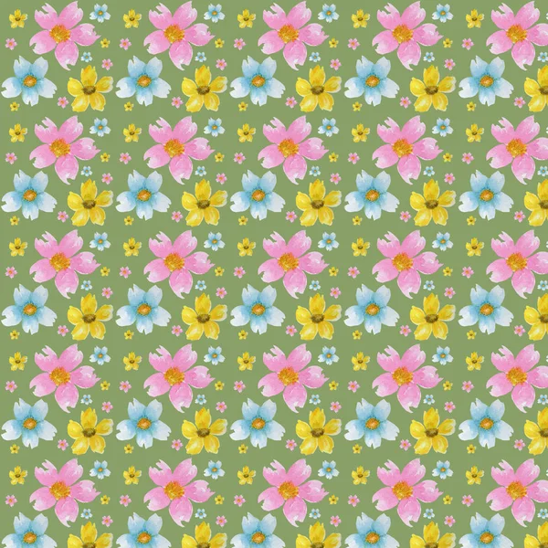 Primavera flores fundo padrão. Verde, amarelo, luz azul cores papel de parede textura — Fotografia de Stock