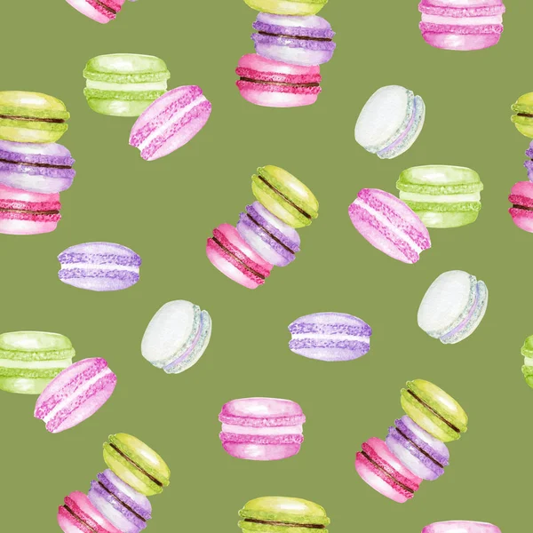 Яркие цвета Macarons торт Акварель бесшовный узор на зеленом фоне. Красочные сладкие французские десерты. Ткань бесшовная. Скрапбукинг . — стоковое фото