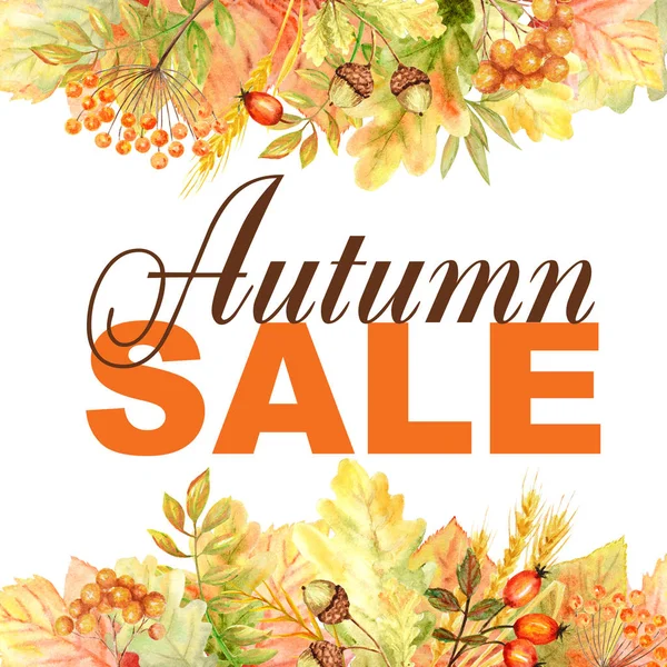 가을 판매 텍스트 프레임 흰색 배경에 격리. 포스터 디자인 수채화 가을 잎 손으로 그린 일러스트 — 스톡 사진