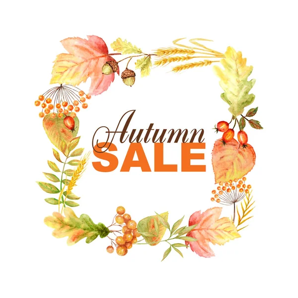 가을 판매 텍스트 잎 밝은 프레임 흰색 배경에 격리. 포스터 디자인 수채화 가을 잎 손으로 그린 일러스트 — 스톡 사진