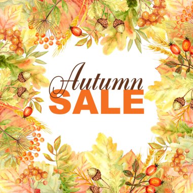 Sonbahar satış metin çerçevesi beyaz arka planda yalıtılmış. Posterlerin tasarımı için suluboya sonbahar yaprak el çizilmiş illüstrasyon