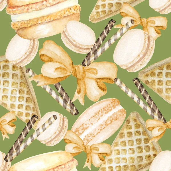 Macarons торт акварель бесшовный узор на зеленом фоне. Красочные сладкие французские десерты. Ткань бесшовная. Скрапбукинг . — стоковое фото