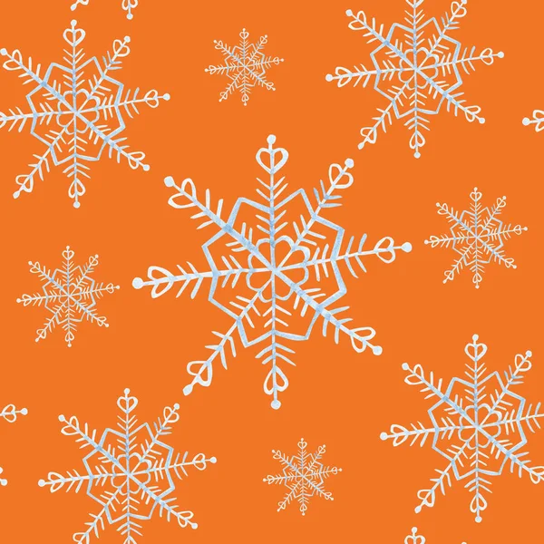 Aquarel sneeuwvlokken naadloze patroon. Blauwe sneeuwvlok op een oranje achtergrond. Winter vakantie Bright kleuren behang, Kerstmis en Nieuwjaar hand getekende illustraties. — Stockfoto