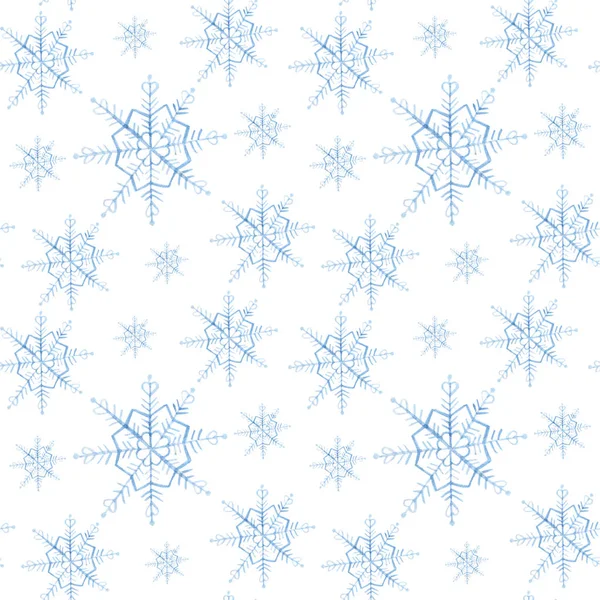 Aquarelle flocons de neige motif sans couture. Flocon de neige bleu sur fond blanc. Fond d'écran vacances d'hiver, Noël et Nouvel An illustrations dessinées à la main . — Photo