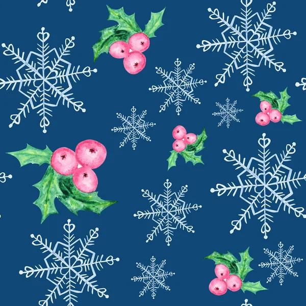 Watercolor snowflakes and christmas berries seamless pattern. Blue snowflake on a blue background. Winter holidays wallpaper, Christmas and New year hand drawn illustrations.