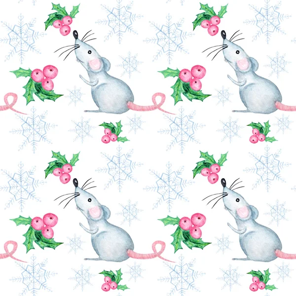 Aquarel sneeuwvlokken, rat en kerst bessen naadloze patroon. Blauwe sneeuwvlok op een witte achtergrond. Winter vakantie behang, Kerstmis en Nieuwjaar hand getekende illustraties. — Stockfoto