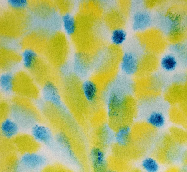 Watercolor kézi festés textúrák. Kék, sárga, világoskék foltok, spot csepp, fröccsenő. Cián és sárga színű, nyári design. Vintage blur nyári háttér. — Stock Fotó