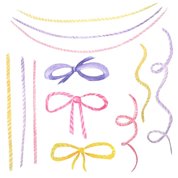 水彩画の休日多色リボン弓イラスト、お祝いのバンティングクリップアート、誕生日パーティーのデザイン要素セット、白い背景の弓とリボンに隔離 — ストック写真