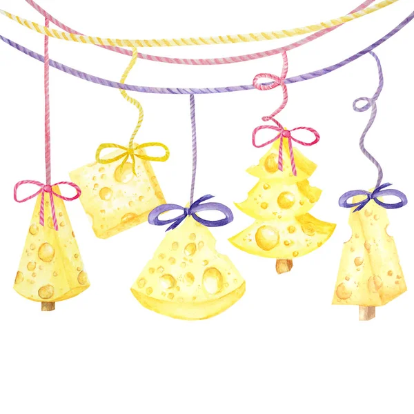 Árbol de queso de Navidad. Tarjeta de felicitación de año nuevo 2020. Acuarela dibujo pedazo de queso amarillo triangular. Comida favorita del ratón. Ilustración sobre fondo blanco — Foto de Stock