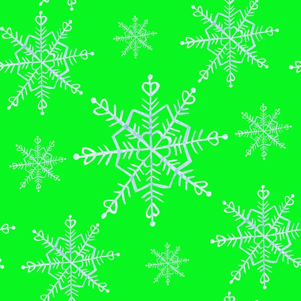 Vodní barva sněhové vločky bezešvé. Modrá vločka na zeleném pozadí. Zimní prázdniny světlé barvy Tapeta, vánoční a nový rok kreslená ilustrace. — Stock fotografie
