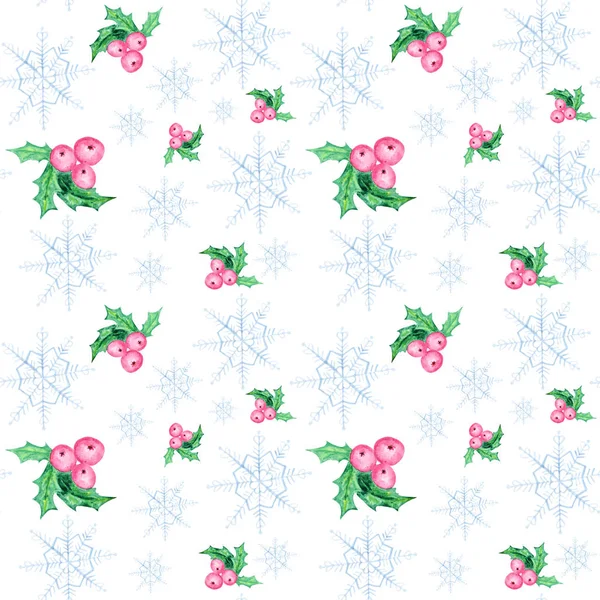 Aquarel sneeuwvlokken en kerst bessen naadloze patroon. Blauwe sneeuwvlok op een witte achtergrond. Winter vakantie behang, Kerstmis en Nieuwjaar hand getekende illustraties. — Stockfoto