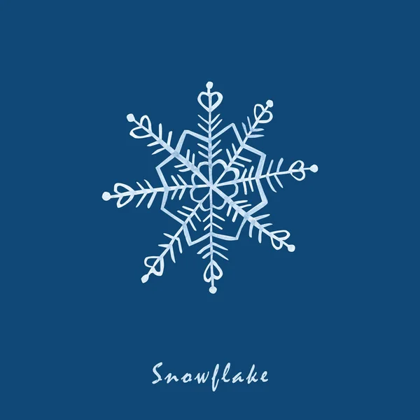 Aquarel sneeuwvlokken. Licht blauwe sneeuwvlok op een blauwe achtergrond. Winter vakantie behang, Kerstmis en Nieuwjaar hand getekende wenskaart illustraties. — Stockfoto