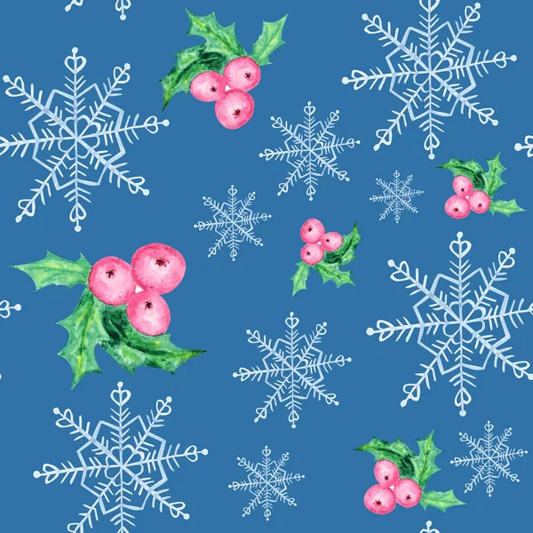 Aquarel sneeuwvlokken en kerst bessen naadloze patroon. Blauwe sneeuwvlok op een blauwe achtergrond. Winter vakantie behang, Kerstmis en Nieuwjaar hand getekende illustraties. — Stockfoto