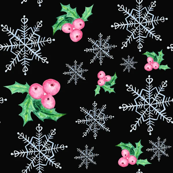 Watercolor snowflakes and christmas berries seamless pattern. Blue snowflake on a black background. Winter holidays wallpaper, Christmas and New year hand drawn illustrations.