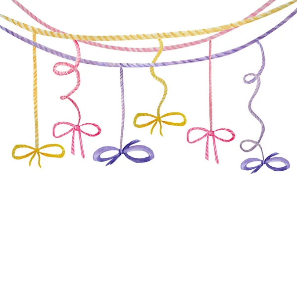 Aquarell Urlaub bunte Schleife Bogen Illustration, festliche Fahnenstange Clip Art, Geburtstagsfeier Design, isoliert auf weißem Hintergrund Schleifen und Bänder — Stockfoto