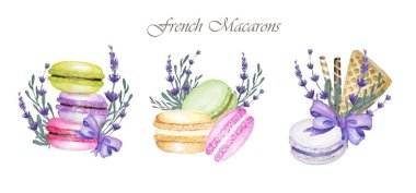 Lavanta çiçekleri, waffle ve mor yay, fransız pasta tatlı ile el çizilmiş suluboya fransız makarna kek kompozisyon. Beyaz arka plan macaroon bisküvi, tatlı ve güzel tatlı izole.