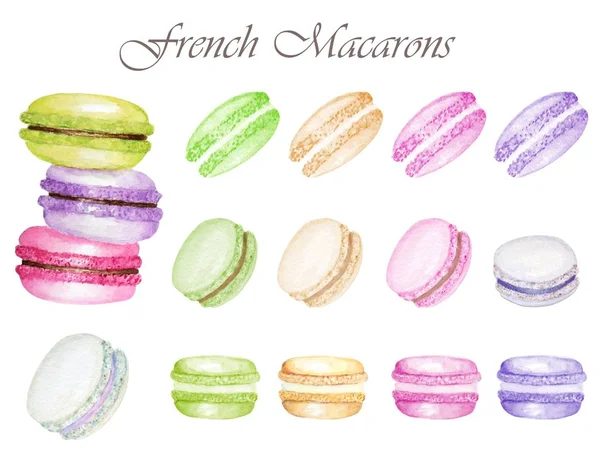 Handgezeichnete Aquarell Französisch Macaron Kuchen Set, helle Farben Französisch Gebäck Dessert. isoliert auf weißem Hintergrund bunte Makronenkekse, süßes und schönes Dessert. — Stockfoto