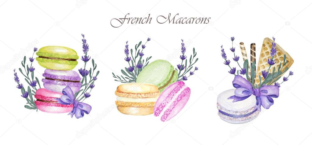 Hand drawn watercolor french macaron cakes composition with lavender flowers, waffle and purple bow, french pastry dessert. Isolated on white background macaroon biscuits, sweet and beautiful dessert.