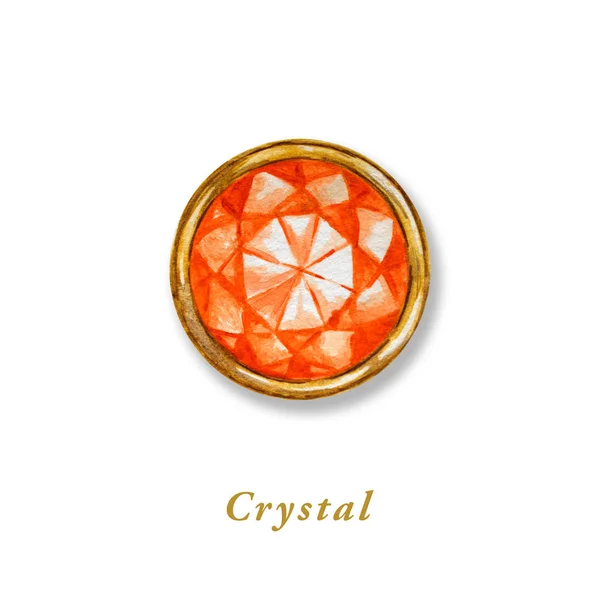 Cristal rond dans un cadre en or. Diamant aquarelle dessiné à la main. Objet de luxe isolé sur fond blanc. Pierre précieuse de couleur orange . — Photo