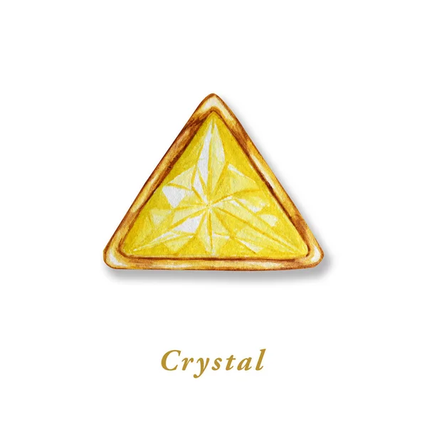 Cristal triangle dans un cadre en or. Diamant aquarelle dessiné à la main. Objet de luxe isolé sur fond blanc. Pierre gemme de couleur jaune . — Photo