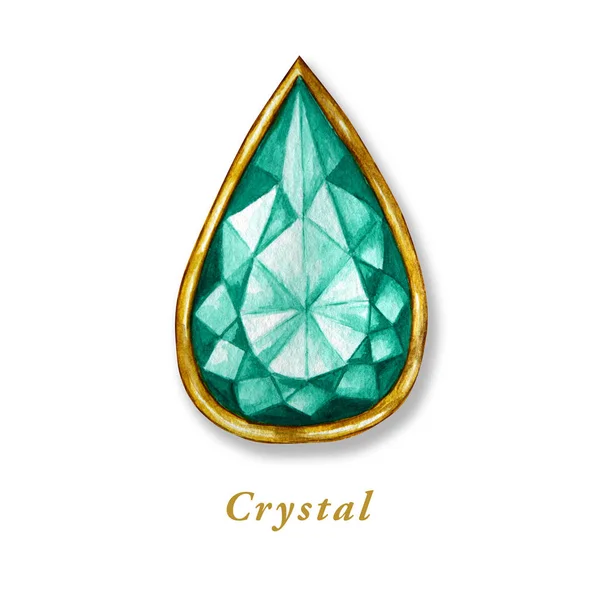 Брось кристалл в золотую рамку. Акварельный бриллиант. Изолированный роскошный объект на белом фоне. зеленый драгоценный камень . — стоковое фото