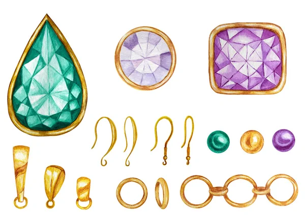 Set för handgjorda smycken gör. Kristaller i en guld ram, smycken pärlor och fynd, hängande hållare, örhänge krok, kedja. Handritad akvarell diamant. Isolerad lyx ädelsten på vit bakgrund. — Stockfoto