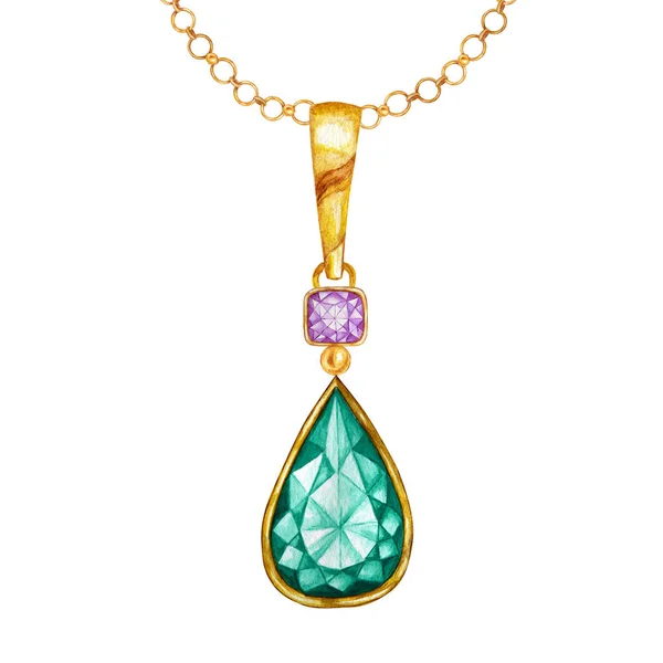 Beaux bijoux sertis. Cristal de goutte d'émeraude vert et pierre gemme carrée violette avec élément or. Pendentif dessin aquarelle avec cristaux sur chaîne dorée sur fond blanc . — Photo