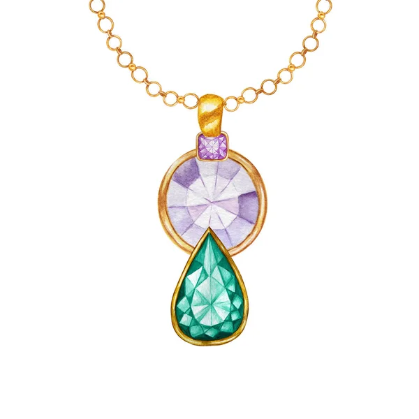 Conjunto de jóias bonitas. Esmeralda verde gota de cristal e roxo quadrado e pedra preciosa redonda com elemento de ouro. Desenho de aquarela Pingente com cristais em cadeia dourada sobre fundo branco . — Fotografia de Stock