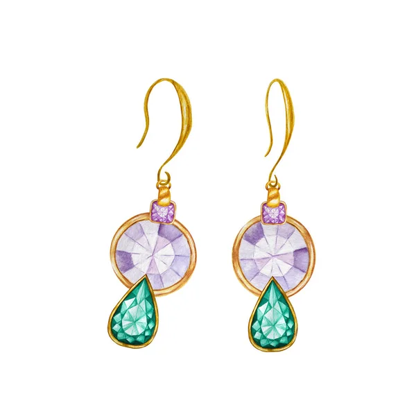 Cristal rond violet et pierre précieuse de goutte d'émeraude verte. Beaux bijoux sertis. Dessin aquarelle Boucles d'oreilles dorées avec cristaux sur fond blanc . — Photo