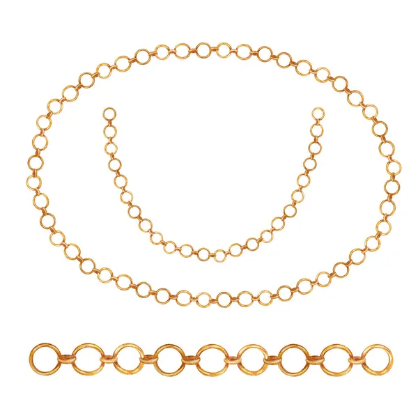 A set of gold chains, for pendant and bracelete making, womens jewelry, golden chain watercolor drawing on a white background, isolated. — Stock Photo, Image