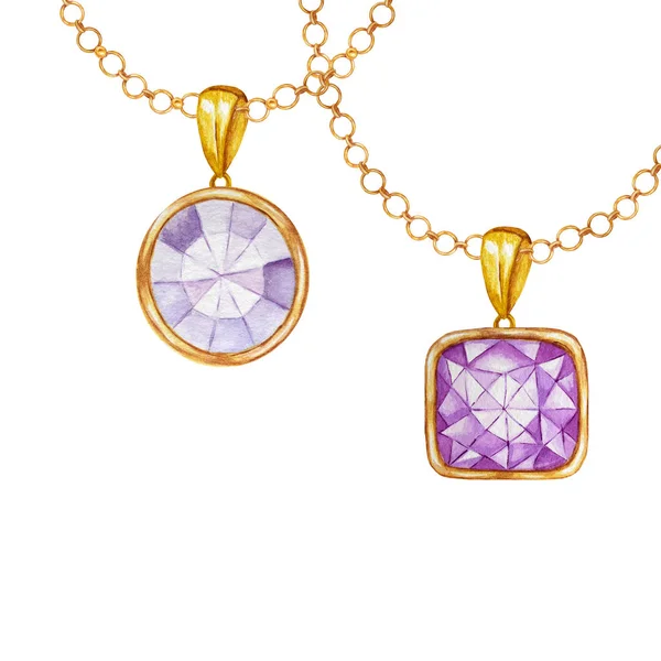 紫色の正方形と金の要素を持つ丸いクリスタルの宝石。白い背景に金色の鎖に結晶を持つ2つのペンダントを描く水彩画。美しいジュエリーセット. — ストック写真
