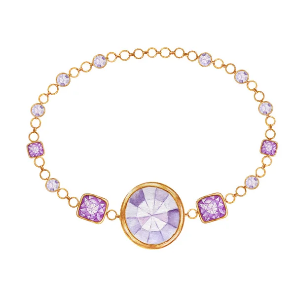 Purple square and round crystal gemstone with gold element. Beautiful jewelry bracelet. Watercolor drawing bracelete with crystals on golden chain on white background. — Stock Photo, Image