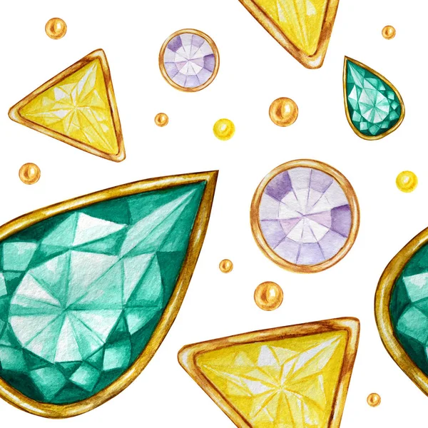 Seamless pattern Crystal in a gold frame and jewelry beads. Hand drawn watercolor green, yellow and purple Gemstone diamond. Bright colors Fabric texture. White Background for scrapbooking — Stock Photo, Image