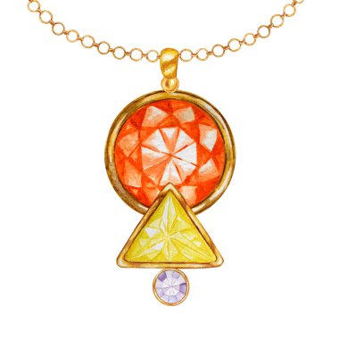 Güzel takı seti. Sarı üçgen kristal ve altın elementile yuvarlak turuncu değerli taş. Beyaz arka plan üzerinde altın zincir üzerinde kristaller ile Suluboya çizim Kolye.