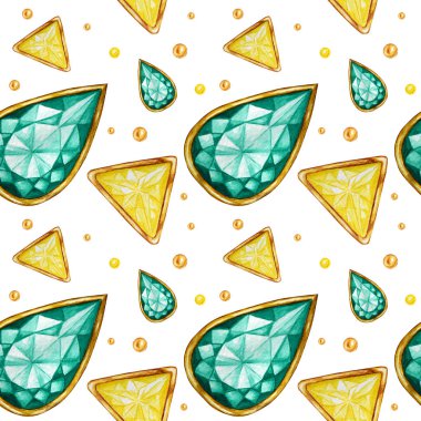 Altın çerçeve ve takı boncuklar dikişsiz desen Kristal. El çizilmiş suluboya yeşil, sarı Gemstone elmas. Parlak renkler Kumaş dokusu. Scrapbooking için beyaz arka plan