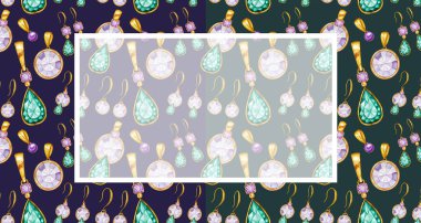 Metin için kopya alanı ile tebrik kartı veya kartvizit kavramı. Altın çerçeve desenli arka plandaki kristal. El çizilmiş Parlak renkler suluboya Gemstone elmas.