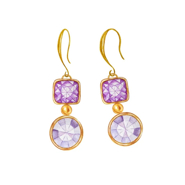 Cristal carré et rond violet avec élément doré Beaux bijoux sertis. Dessin aquarelle Boucles d'oreilles dorées avec cristaux sur fond blanc . — Photo