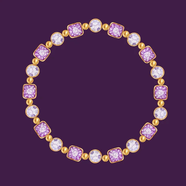 Purple square and round crystal gemstone with gold element frame. Beautiful jewelry bracelet. Bright Watercolor drawing bracelete with crystals border on purple background.