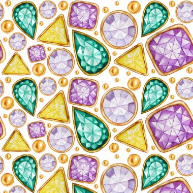Altın çerçeve ve takı boncuklar dikişsiz desen Kristal. El çizilmiş suluboya Gemstone elmas. Parlak renkler Kumaş dokusu. Scrapbooking için beyaz arka plan