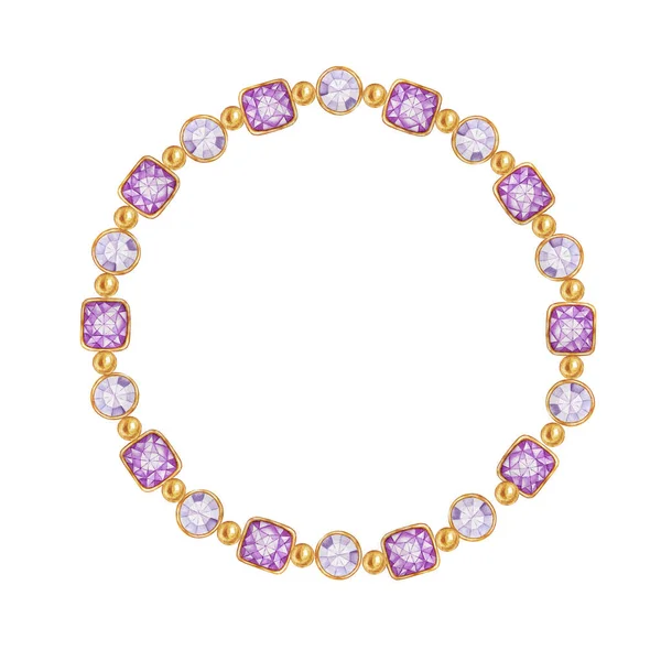 Purple square and round crystal gemstone with gold element frame. Beautiful jewelry bracelet. Bright Watercolor drawing bracelete with crystals border on white background.