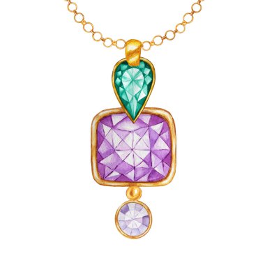 Yeşil zümrüt damla kristal ve mor kare ve altın eleman ile yuvarlak değerli taş. Güzel takı seti. Beyaz arka plan üzerinde altın zincir üzerinde kristaller ile Suluboya çizim Kolye.