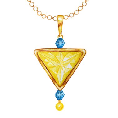 Güzel takı seti. Sarı üçgen kristal ve altın elementile mavi değerli taş. Beyaz arka plan üzerinde altın zincir üzerinde kristaller ile Suluboya çizim Kolye.